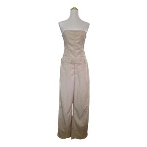 ZARA Beige Strapless Wide Leg Jumpsuit Size L Buckle Back Utility Pocket Corset